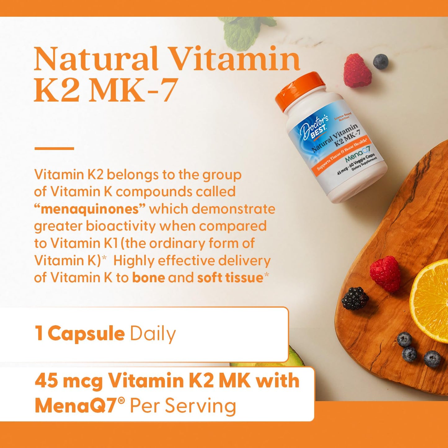 Doctor's Best Natural Vitamin K2 MK7 Supplement for Men & Women - Bone Health Support, 45 mcg Vitamin K-2 MK-7 Capsules with MenaQ7, Calcium Support, Non GMO, Vegan - 60 Veg Caps