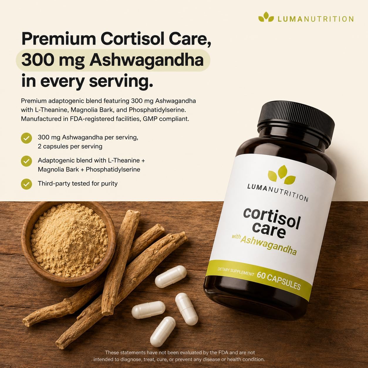 Luma Nutrition Cortisol Supplement for Women and Men - 60 Capsules