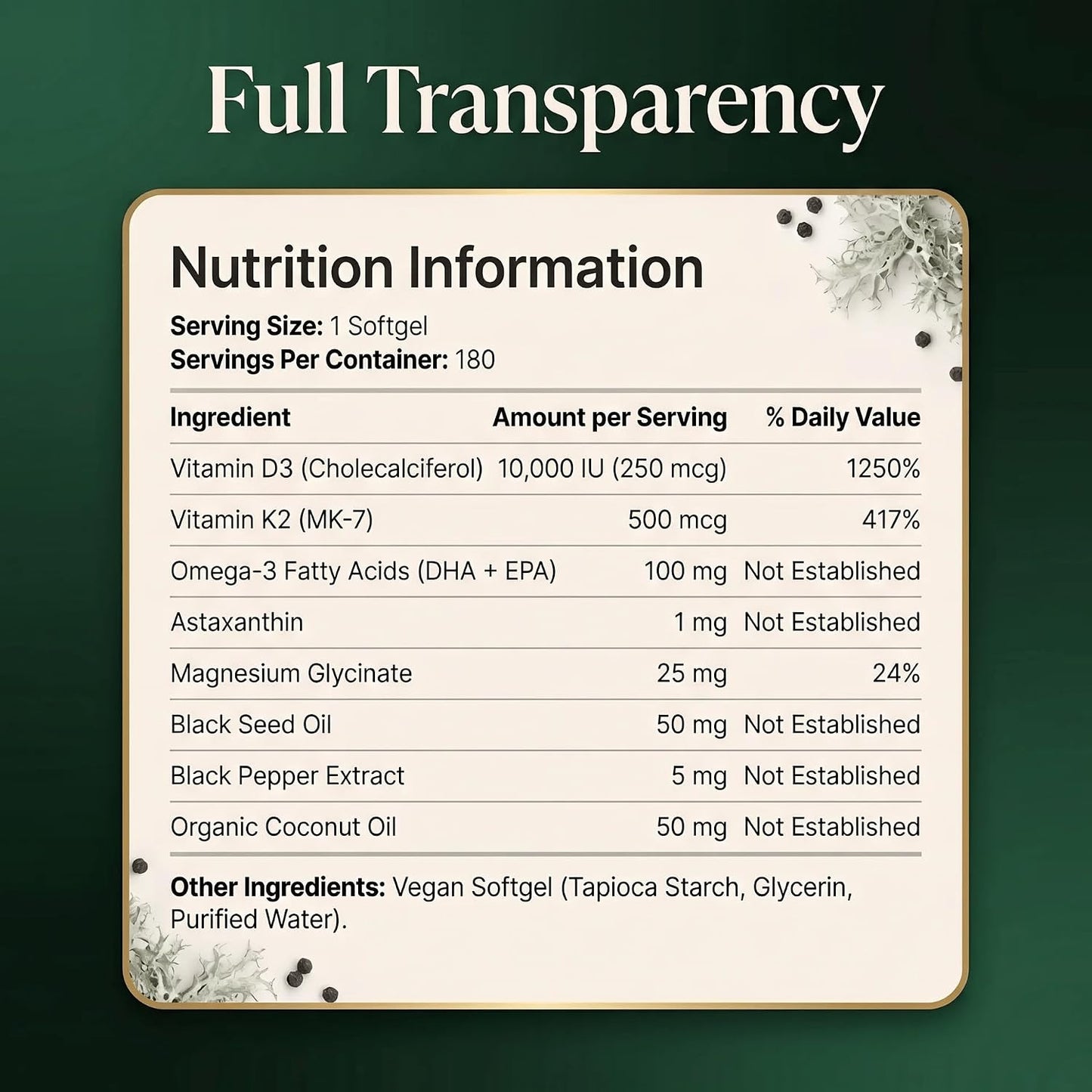 Vitamin D3 K2 10000 IU with 500mcg MK7 (MK-7) - Advanced Formula Vegan Softgels, Lichen Sourced D3, Omega 3 DHA EPA, Magnesium Glycinate, Astaxanthin, Black Seed, Coconut Oil, 180 Softgels