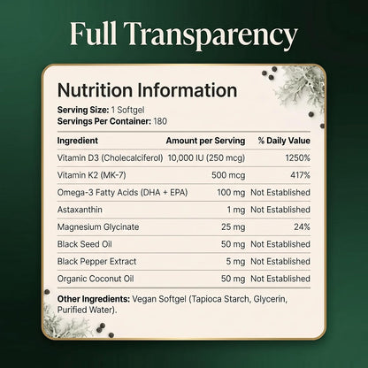 Vitamin D3 K2 10000 IU with 500mcg MK7 (MK-7) - Advanced Formula Vegan Softgels, Lichen Sourced D3, Omega 3 DHA EPA, Magnesium Glycinate, Astaxanthin, Black Seed, Coconut Oil, 180 Softgels
