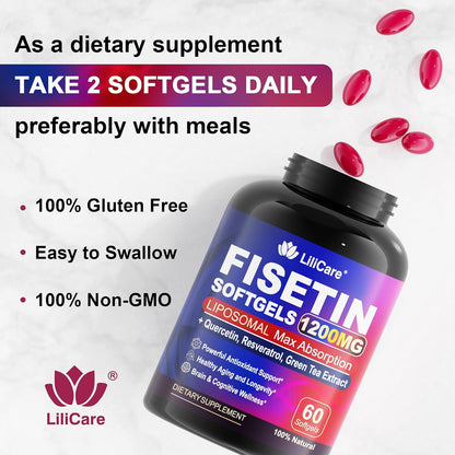LILICARE Fisetin Supplement - Liposomal Super Absorption 98% Pure 1200mg with Quercetin, Resveratrol, Green Tea Extract for Healthy Aging & Longevity, Skin Health, Brain & Antioxidant - 60 Softgels