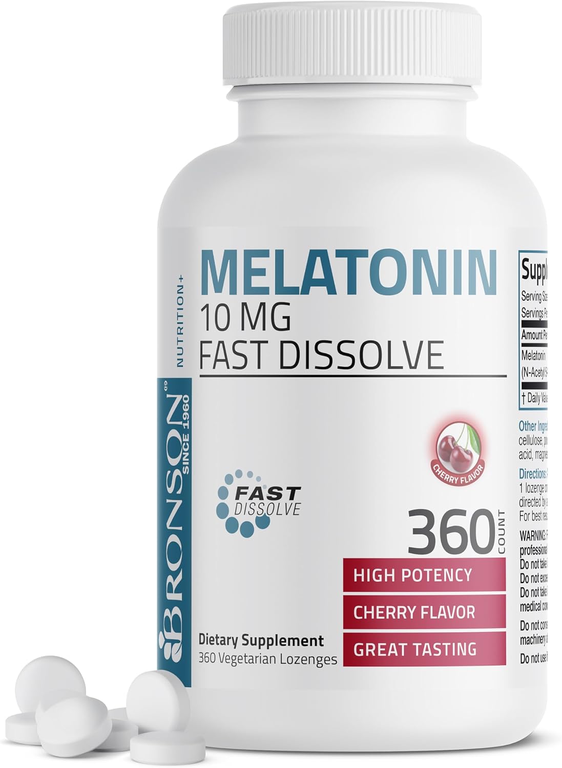 Bronson Melatonin 10mg Fast Dissolve Cherry Flavored Tablets Vegetarian Chewable Lozenges, 360 Count