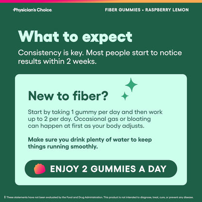Physician's CHOICE Fiber Gummies for GLP-1 Support - No Sugar Added & Vegan - Raspberry Lemon - Natural Chicory Root Prebiotic Fiber Gummy - Digestive Health & Regularity for Women & Men - 60CT