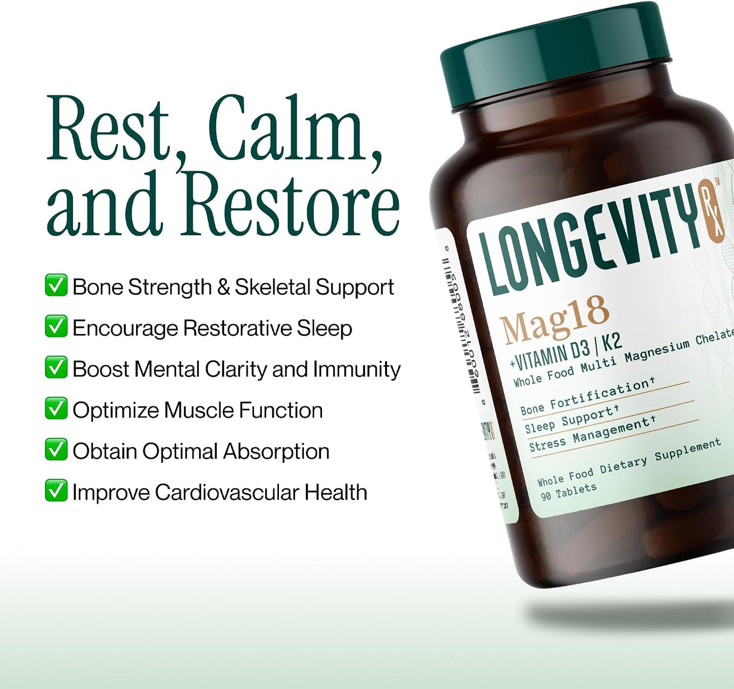 Mag18 Peptide-Bound Magnesium Complex with D3 & K2, Bone & Muscle Support, Mental Clarity, Sleep Aid