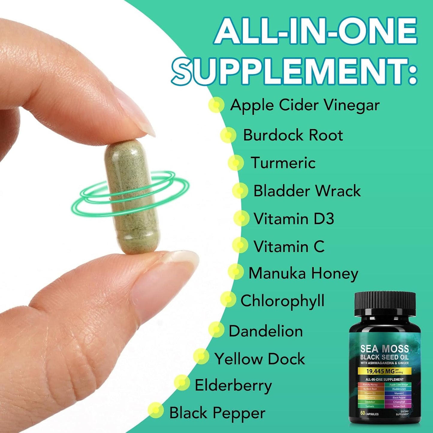 Sea Moss Black Seed Oil Ashwagandha Ginger, Sea Moss Capsule Supplement with Turmeric Burdock Root Bladderwrack Vitamin C Vitamin D3 Enhanced Immunity & Energy Black Seed Oil Capsule 60 Count