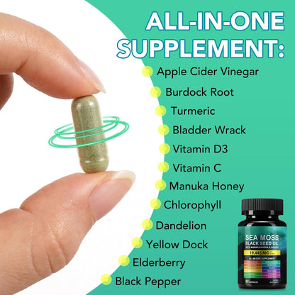 Sea Moss Black Seed Oil Ashwagandha Ginger, Sea Moss Capsule Supplement with Turmeric Burdock Root Bladderwrack Vitamin C Vitamin D3 Enhanced Immunity & Energy Black Seed Oil Capsule 60 Count