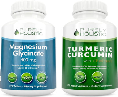 Magnesium Glycinate 400mg + Organic Turmeric Curcumin 700mg with Bioperine Providing 95% Curcuminoids - 270 Tablets & 120 Capsules - Vegan Bundle