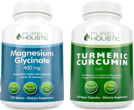 Magnesium Glycinate 400mg + Organic Turmeric Curcumin 700mg with Bioperine Providing 95% Curcuminoids - 270 Tablets & 120 Capsules - Vegan Bundle