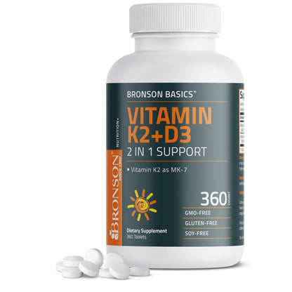 Bronson Vitamin K2 D3 (MK7) Supplement 2-in-1 D3 & K2 Complex, 120 Tablets | Bone, Immune & Heart Health Support, Gluten-Free, Soy-Free, Non-GMO, Vitamin D3 5000 IU (125 mcg) & 90 mcg K2 MK-7