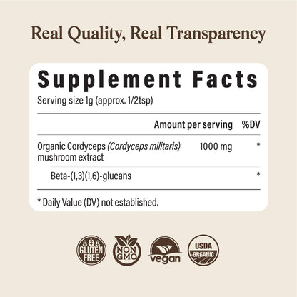 Real Mushrooms Cordyceps Mushroom Powder - Organic Cordyceps Powder Mushroom Energy and Wellness Support - Rich in Beta Glucans - Non-GMO, Vegan Supplement, 60 Servings