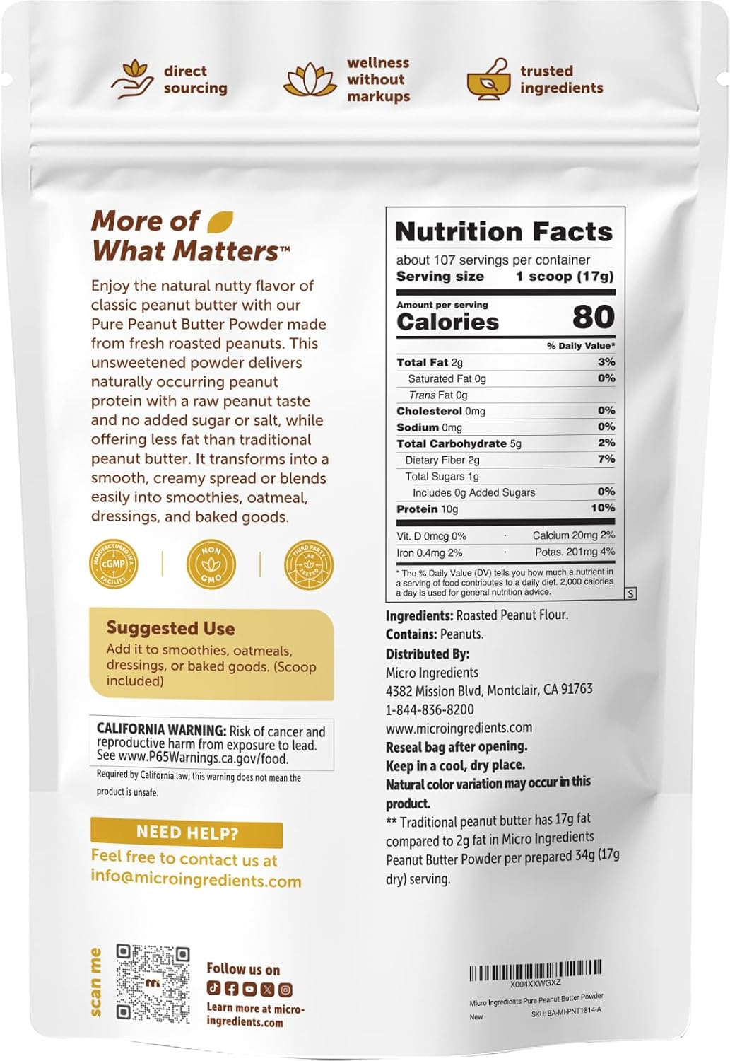 Micro Ingredients Pure Peanut Butter Powder, 4 lb | Made from Fresh Roasted Peanuts | No Added Sugar or Salt | 10g Plant-Based Protein 10% DV, 88% Less Fat | 107 Servings | Non GMO