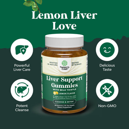 Natures Craft Cleansing Herbal Liver Detox Gummies Liver Support Milk Thistle Gummies with Artichoke Extract Turmeric Curcumin and L-Carnitine - Vegan and Non-GMO - Sweet Lemon - 60 Count (Pack of 1)