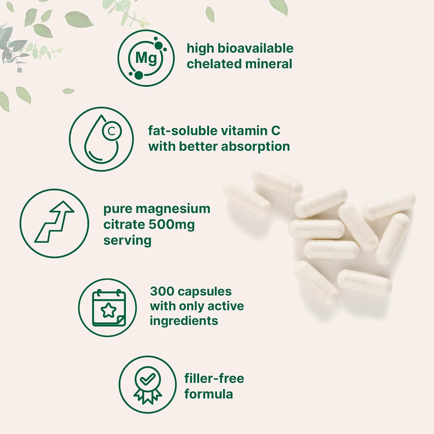 Pure Magnesium Citrate Supplements 500mg, 300 Capsules | Fat-Soluble Vitamin C Added | 100% Chelated | Only Active Ingredients