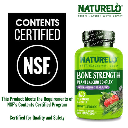 NATURELO Calcium Supplement - with Vitamin C, Vitamin D3, K2, and Calcium Magnesium Zinc for Bone Strength with Calcium 600mg - Plant-Based, 120 Vegetarian Capsules, Non-GMO, Soy & Gluten-Free