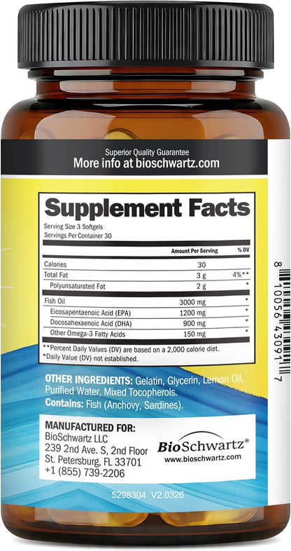 Triple Strength Omega 3 Fish Oil 3000mg for Women and Men, 90 Softgels