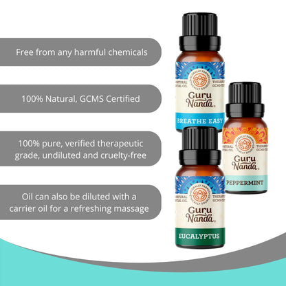 GuruNanda Breathe Essential Oil Set (Pack of 3 x 0.34 Fl Oz) - 100% Pure, Natural & Undilut