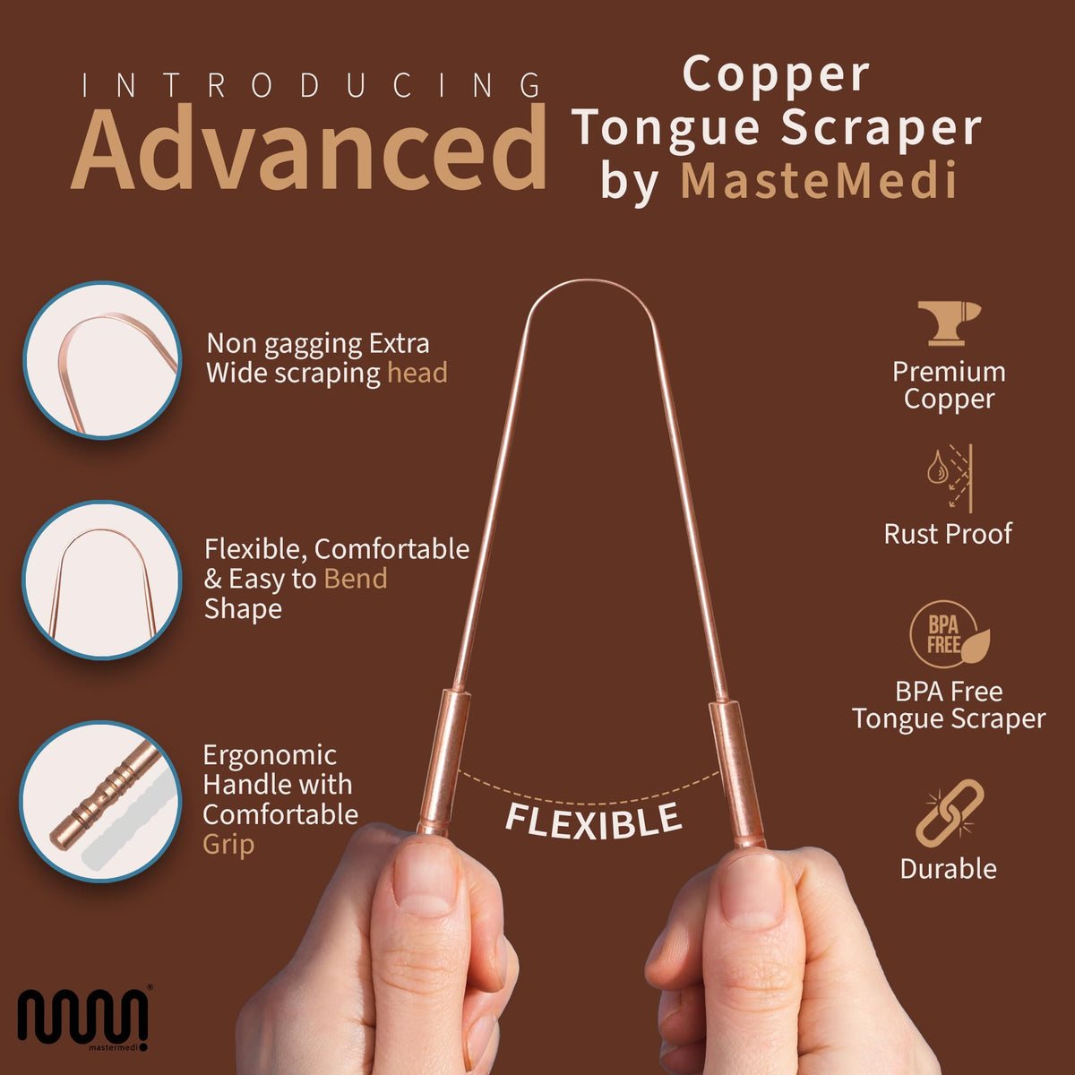 MasterMedi Tongue Scraper for Adults, 100% Stainless Steel Tongue Scrubber for Bad Breath, Easy to Use, Tongue Cleaner for Oral Care & Hygiene (SPTC-1|with Case)