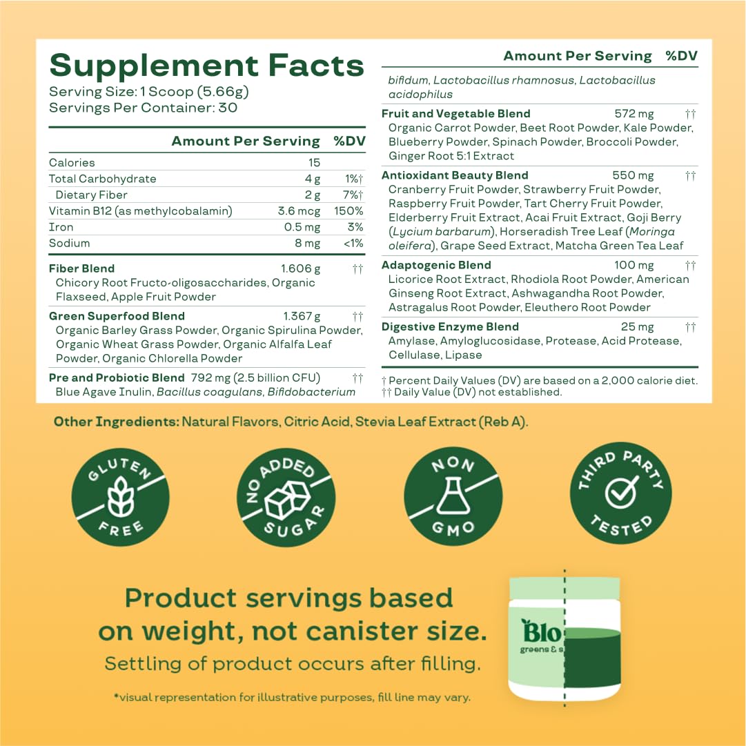 Bloom Nutrition Superfood Greens Powder, Berry, 30 Servings | Digestive Enzymes with Probiotics and Prebiotics, Gut Health, Bloating Relief for Women, Chlorella, Green Juice Mix