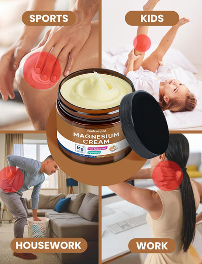 Venture Pal Topical Magnesium Cream, Highly Concentrated Magnesium Lotion | Fast-Absorbing Magnesium Moisturizing Cream with Coconut Oil, Shea Butter & Hyaluronic Acid; Suitable for Kids