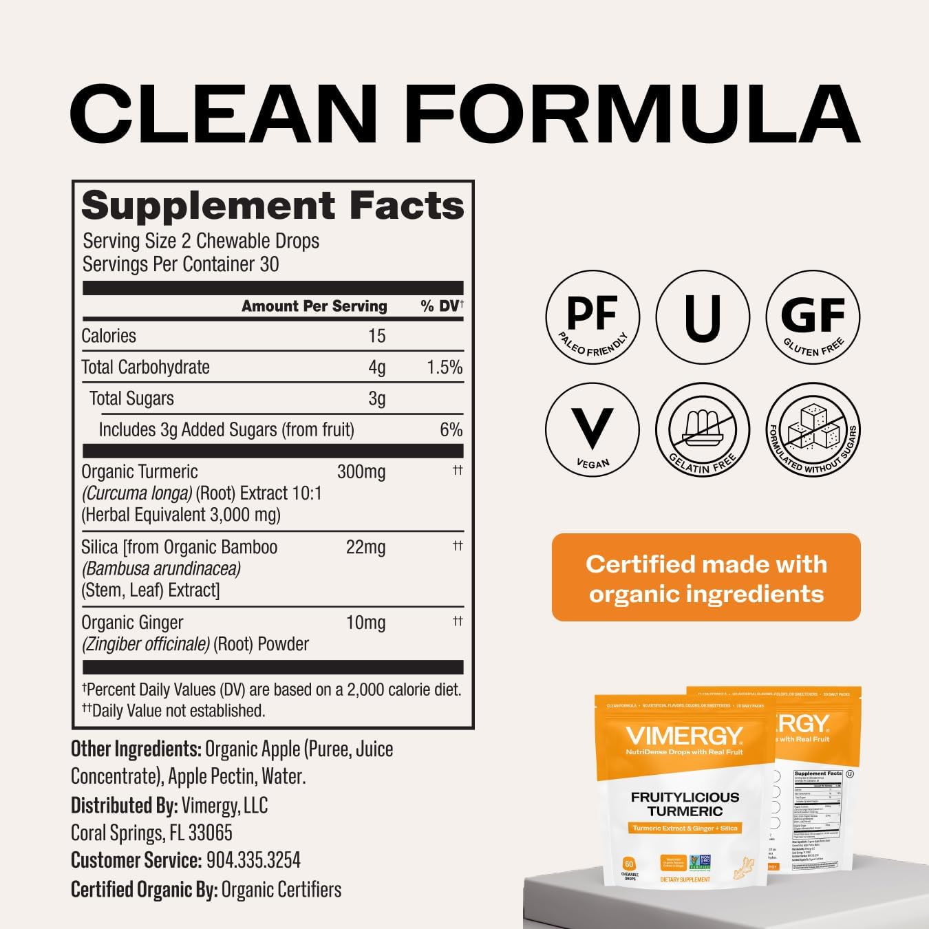 Vimergy NutriDense Fruitylicious Turmeric + Ginger Chewables (300mg Turmeric Extract, 22mg Silica, 10mg Ginger per Serving) Vegan, Mobility Support, 30 Servings (60 Count)