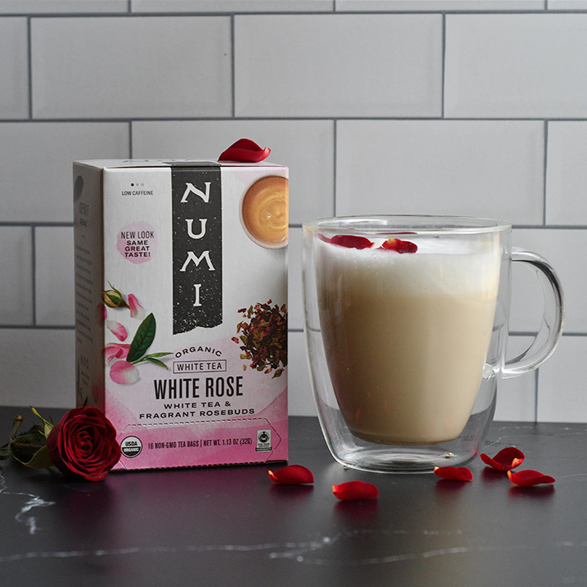 Numi Organic White Rose Tea, 16 Tea Bags, White Tea & Fragrant Rosebuds, Low Caffeine