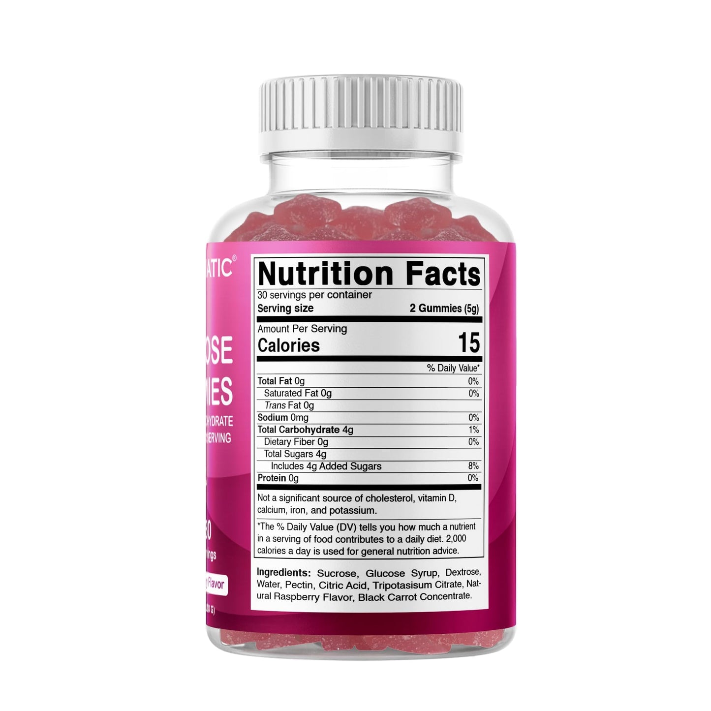 Vitamatic Glucose chewable Gummies - 60 Count - Natural Raspberry Flavor - 4G of Carbohydrate per Serving (1 Bottle) | 4 g Carbohydrates per Serving, Pectin-Based, Gluten Free, Non GMO