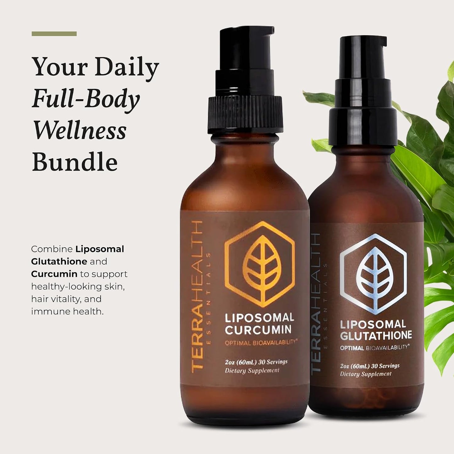 Terra Health Essentials Liposomal Glutathione & Curcumin Bundle - Antioxidant Immune, Skin & Mobility Support - Maximum Absorption & Great Tasting - Non-GMO, Vegan - 2oz Each, 30 Day Supply