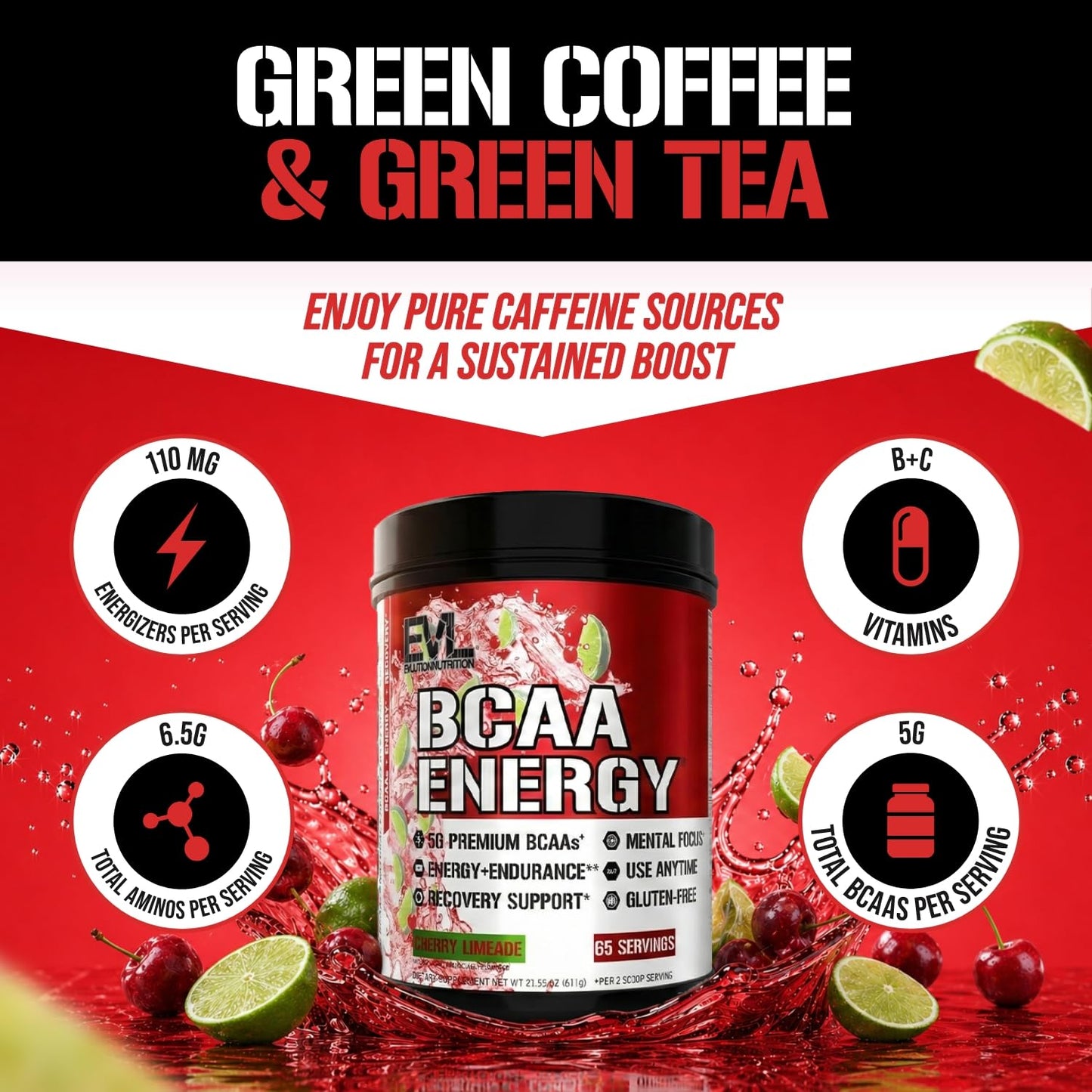 Evlution EVL BCAAs Amino Acids Powder - BCAA Energy Pre Workout Powder for Muscle Recovery Lean Growth and Endurance - Rehydrating Post Workout Recovery Drink with Natural Caffeine - Pink Lemonade