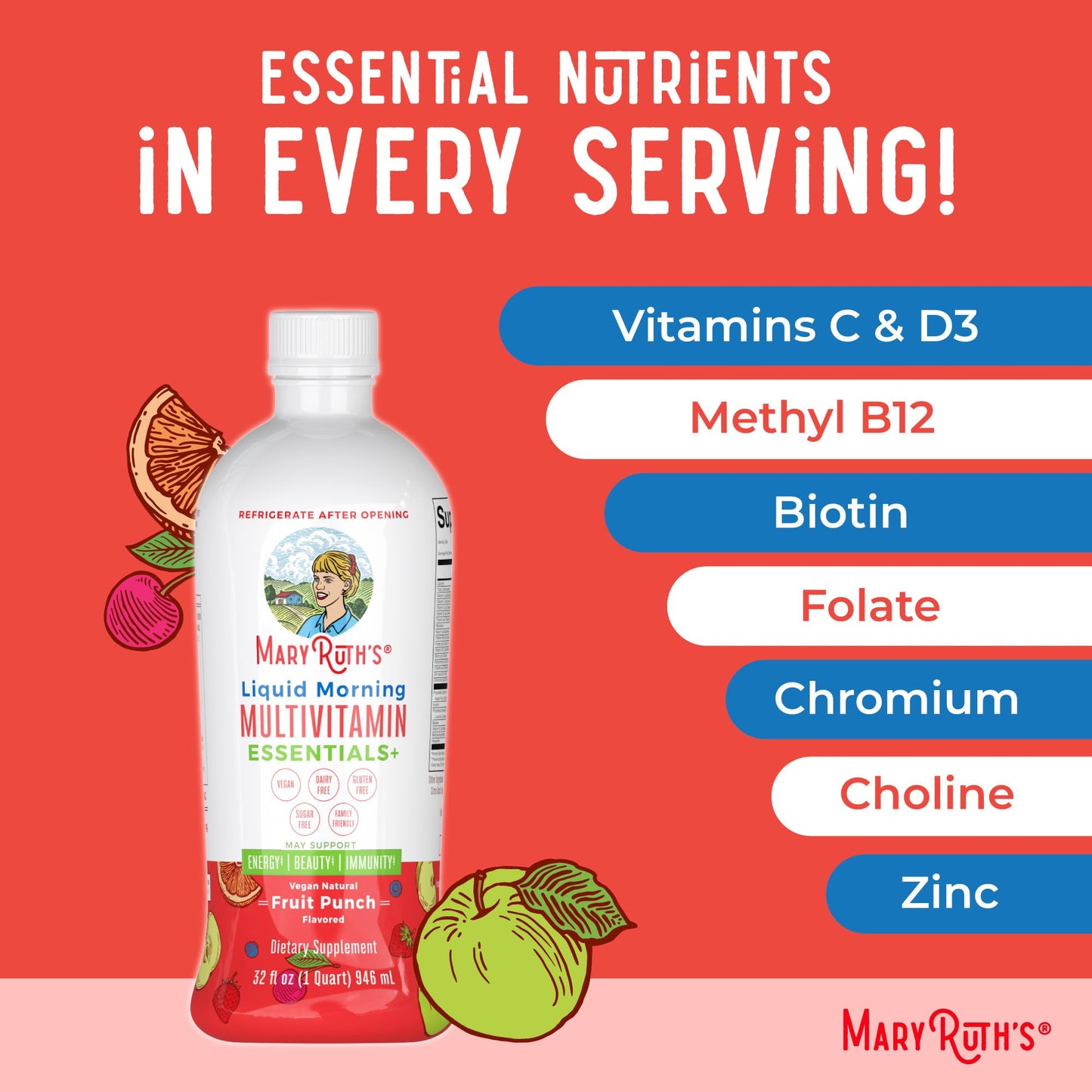 MaryRuth's Liquid Morning Multivitamin Essentials+ | Vitamin A C D E B6 B12 Biotin Zinc | Mens Womens Multivitamin | Immune Support | Beauty | Sugar Free | Vitamins for Ages 1+ | Vegan | 32 Fl Oz