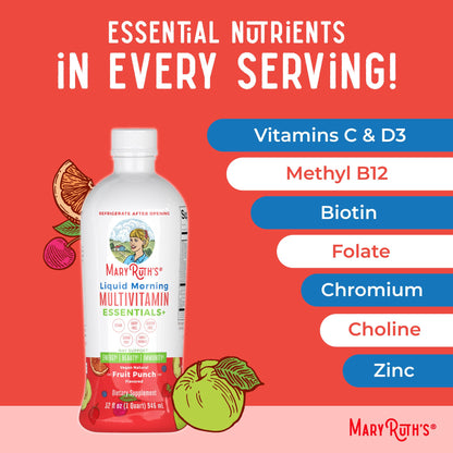 MaryRuth's Liquid Morning Multivitamin Essentials+ | Vitamin A C D E B6 B12 Biotin Zinc | Mens Womens Multivitamin | Immune Support | Beauty | Sugar Free | Vitamins for Ages 1+ | Vegan | 32 Fl Oz