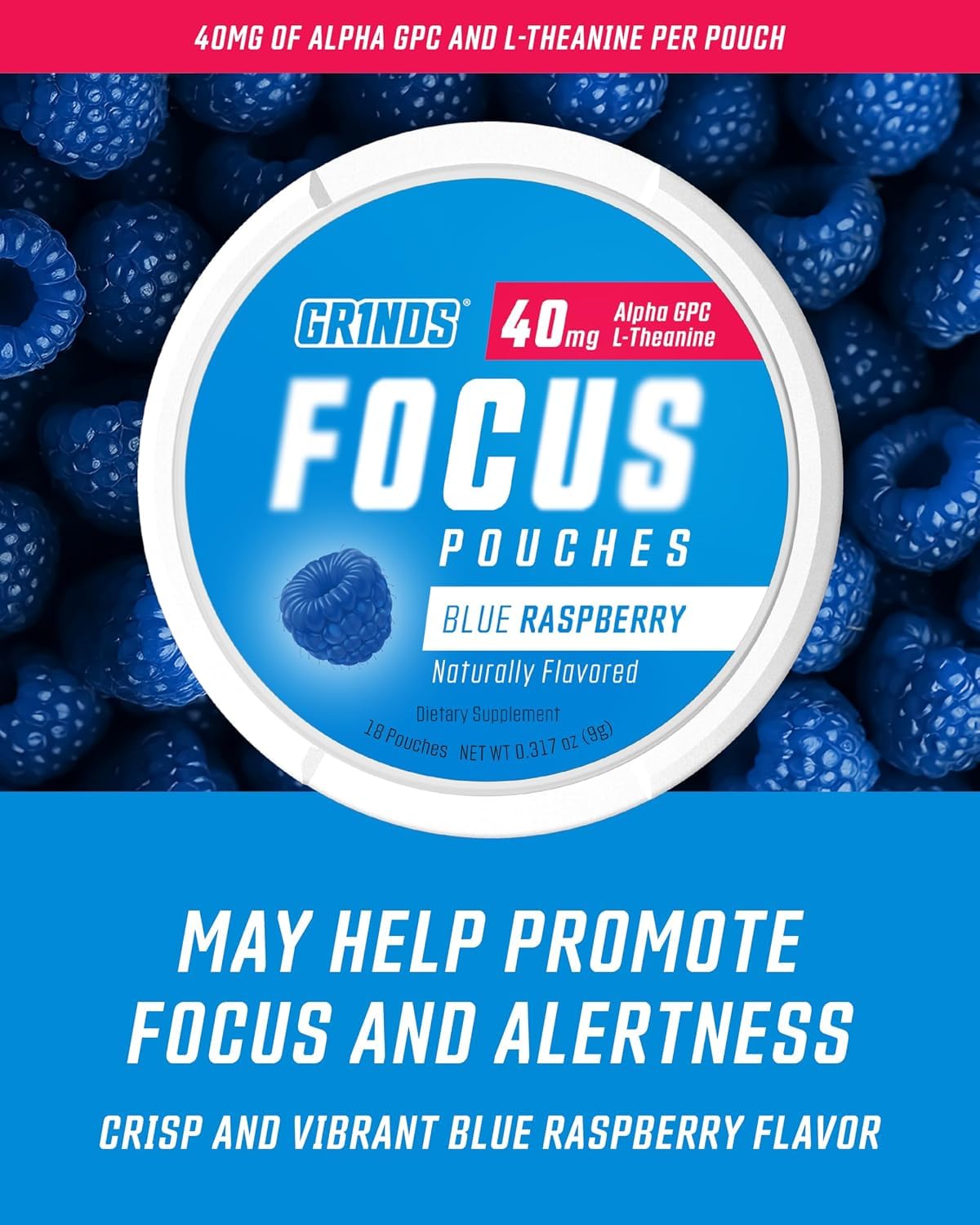 GRINDS Focus Pouches | Naturally Flavored with Nootropic Ingredients | Contains Alpha GPC and L-Theanine | Sugar-Free | 3 Pack | 18 Pouches Per Can | Blue Raspberry