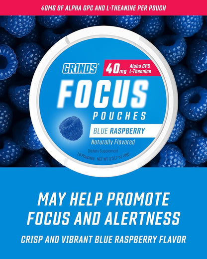 GRINDS Focus Pouches | Naturally Flavored with Nootropic Ingredients | Contains Alpha GPC and L-Theanine | Sugar-Free | 3 Pack | 18 Pouches Per Can | Blue Raspberry