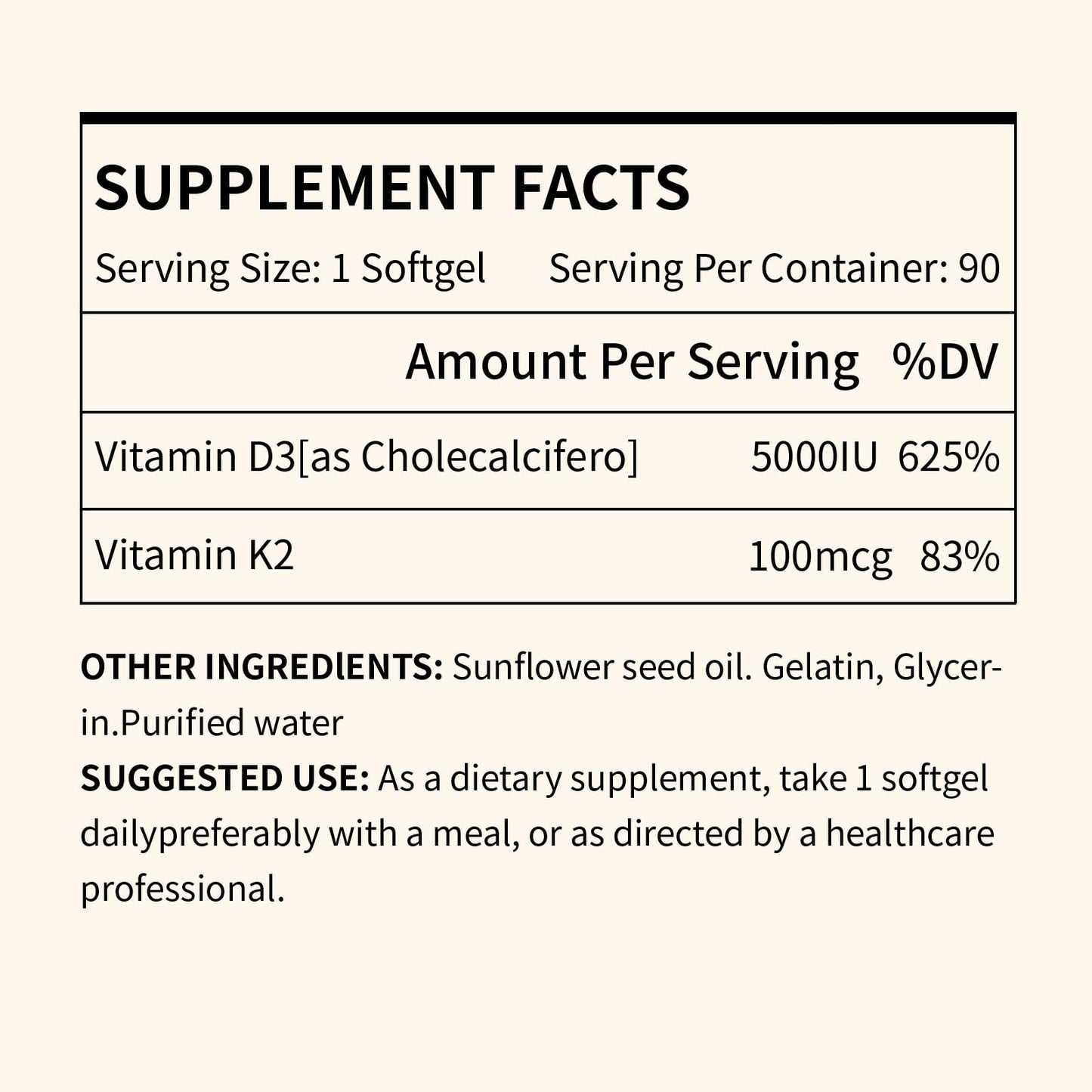Vitamin D3 & K2 Vitamin Supplement for Men & Women,Vegan-Friendly 5000 Iu D3 and 100 Mcg K2 (Mk-7) Immune, and Overall Health -90 Softgels