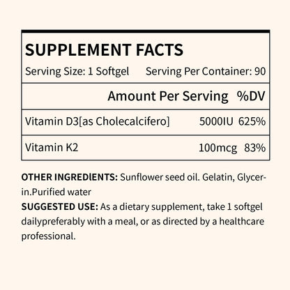 Vitamin D3 & K2 Vitamin Supplement for Men & Women,Vegan-Friendly 5000 Iu D3 and 100 Mcg K2 (Mk-7) Immune, and Overall Health -90 Softgels