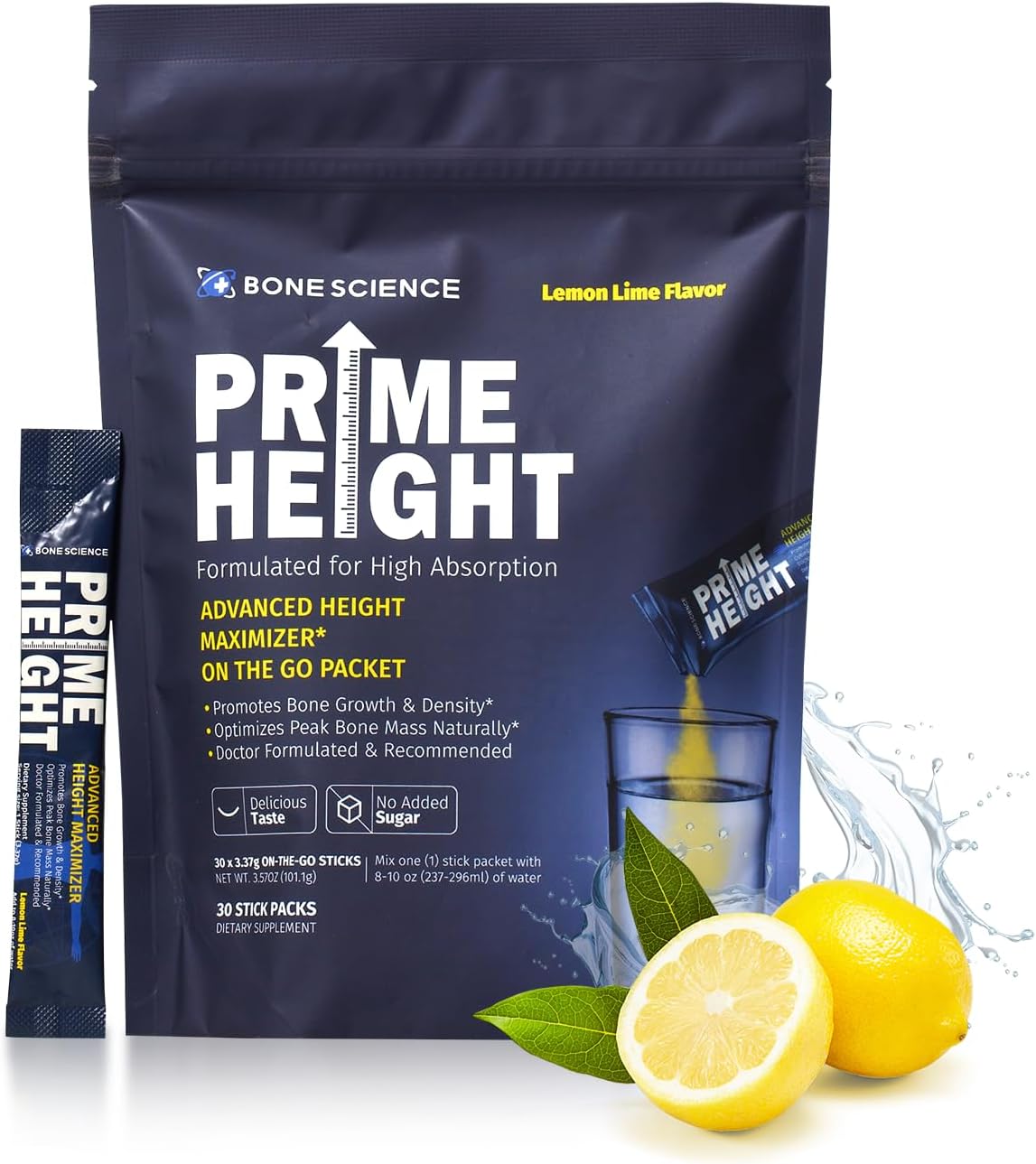 BONE SCIENCE PrimeHeight Multivitamin Powder for Kids & Teens, Bone & Immune Support, Sugar-Free Lemon Lime Flavor, 16 Key Nutrients, Easy Drink Mix, 30 Sticks