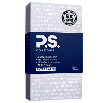 PS Condoms Exceptionally Thin Latex Condoms, Clean & Odorless, 12 Pack | Individually tested, 0.045 mm natural rubber, 40% thinner, lubricated, vegan, and free of PFAS, gluten, glycerin and parabens