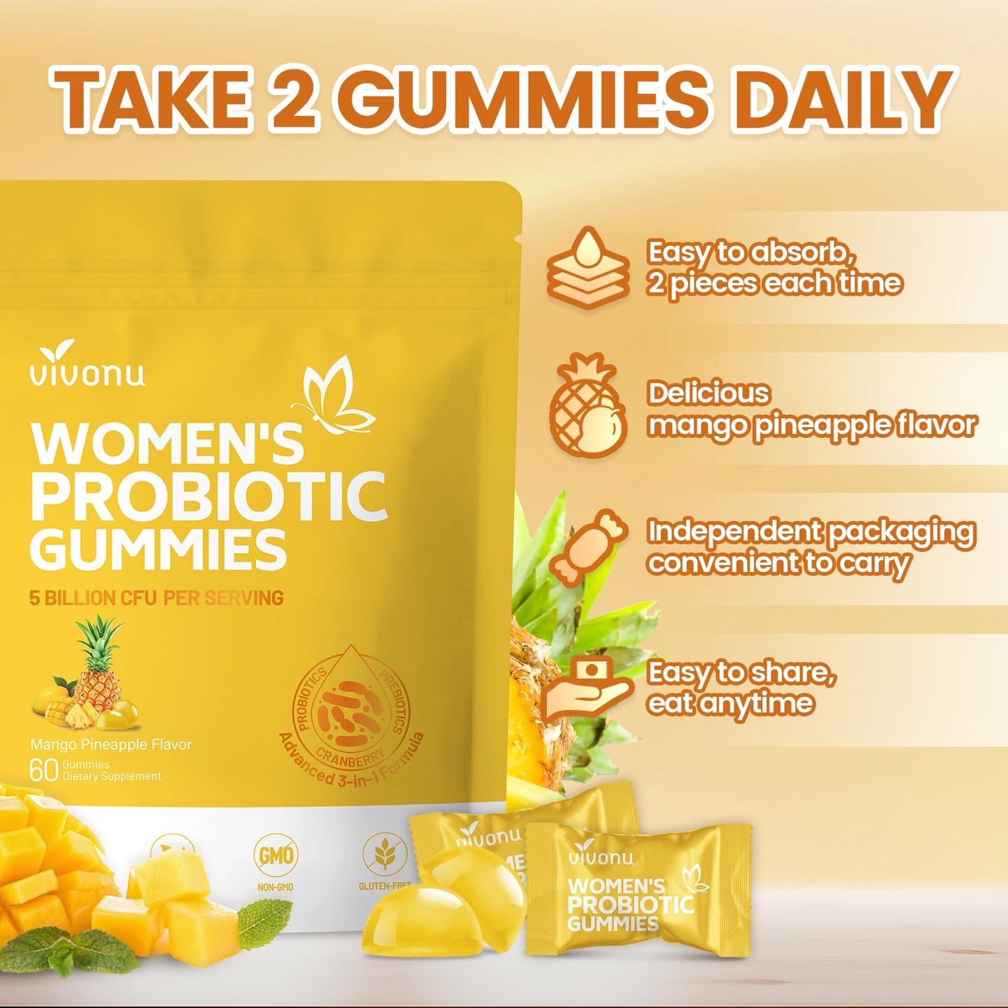 VivoNu Pineapple Gummies for Women Ph, Women Probiotic Gummies, Feminine Balance Gummy, Mango Pineapple Viginal Probiotics for Woman Vaginigal Health, Yeast Ph Balance