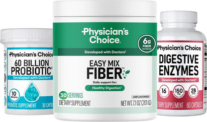 Physician's CHOICE Daily Gut Essentials Bundle: Easy Mix Fiber, Digestive Enzymes & 60 Billion Probiotic
