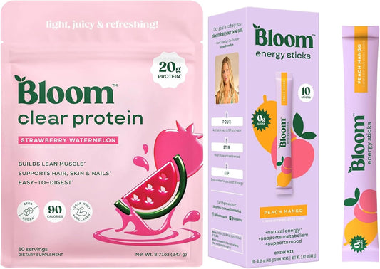 Bloom Strawberry Watermelon Clear Protein and Peach Mango Energy Packets Bundle
