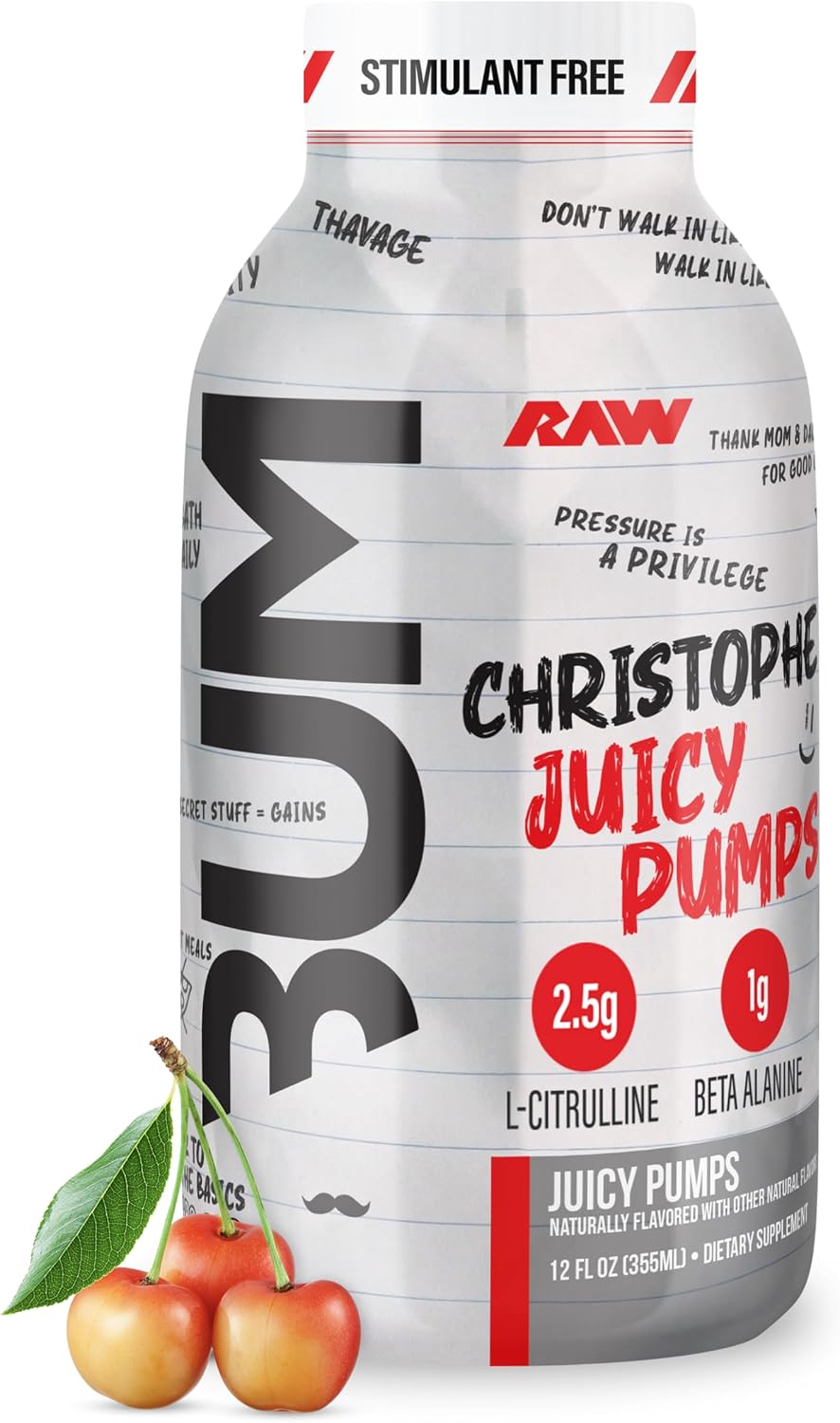 RAW Ready to Drink Pre-Workout Drink, Juicy Pumps (White Cherry) - Bum Pump RTD Zero-Sugar Energy Supplement Drink - Caffeine-Free & Sugar-Free Energy Drinks with L-Citrulline, 12 Fl Oz