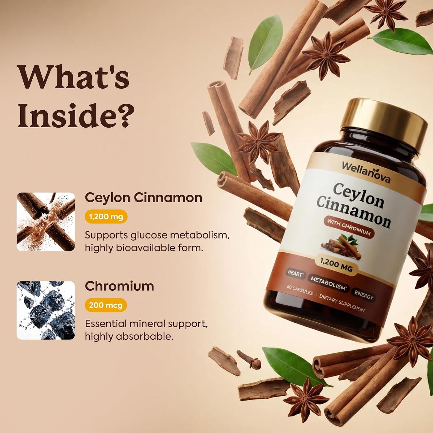 Ceylon Cinnamon Capsules Supplement with Chromium - 1,200 mg True Cinnamomum Verum, Chromium Picolinate 200 mcg - Heart, Metabolism & Energy Support - 60 Vegan Capsules