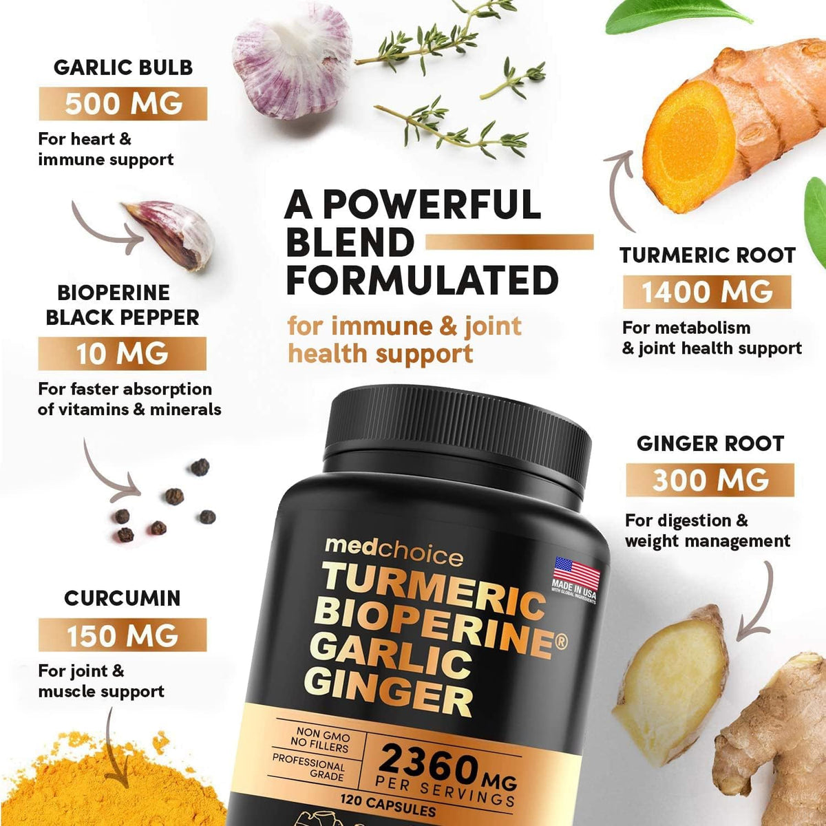 MEDCHOICE Turmeric & Ginger (120ct), Sleep Melatonin (90ct), and Nootropic Brain (60ct) Supplement Bundle - Wellness Trio for Brain, Sleep, & Immune Support - Vegan, Non-GMO, Gluten-Free