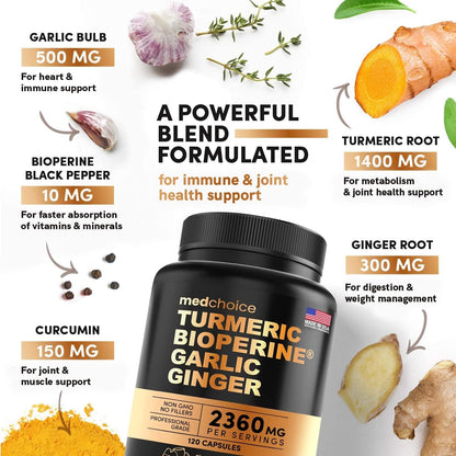 MEDCHOICE Turmeric & Ginger (120ct), Sleep Melatonin (90ct), and Nootropic Brain (60ct) Supplement Bundle - Wellness Trio for Brain, Sleep, & Immune Support - Vegan, Non-GMO, Gluten-Free