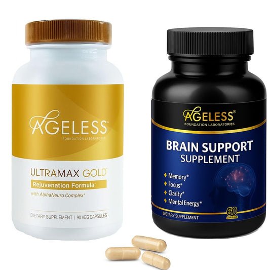 Ageless Anti-Aging & Brain Health – UltraMAX Gold™ HGH Capsules + Nootropic Brain Supplement for Memory, Focus, Immune Support & Restful Sleep – 90 + 60 Capsules
