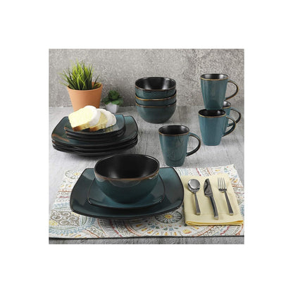 Gibson Elite Soho Lounge 16 Piece Reactive Glaze Dinnerware Set, Soft Square, Teal Green