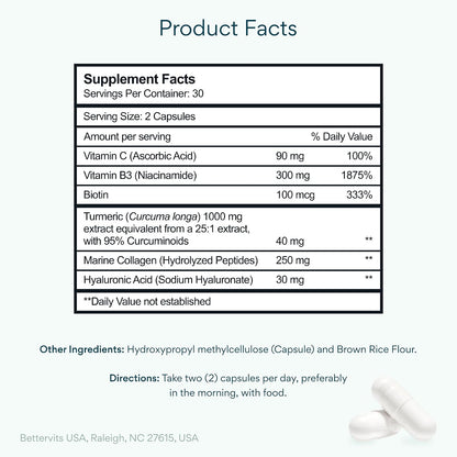 Bettervits Niacinamide Supplement with Vitamin B3, Marine Collagen & Hyaluronic Acid | High-Strength Vitamin B3 Capsules 300 mg. with Turmeric for Energy Metabolism & Skin Support - 60 Capsules