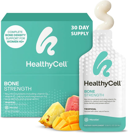 Healthycell Bone Strength Liquid Supplement - 30 Gel Packs, Tropical Flavor | Bone Health Supplement with Calcium, Magnesium, Vitamin D3 & Vitamin K2 for Bone Density & Preservation