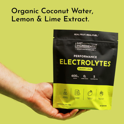 JUST INGREDIENTS Performance Electrolytes Powder Lemon Lime, 600mg Sodium with Organic Coconut Water, 30 Servings, Naturally Sweetened with Monk Fruit and Stevia, Flavored with Real Fruit, Non-GMO