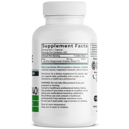 Bronson Zinc Glycinate 30mg Chelated Superior Absorption 100% Chelated Formula Non-GMO, 120 Vegetarian Capsules