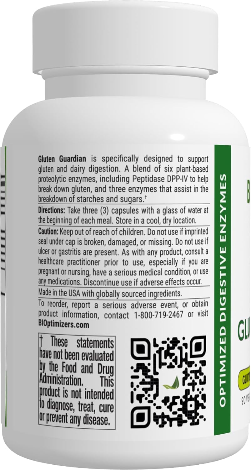 BIOptimizers Gluten Guardian 3.0 - Enzyme Supplement with DPP-IV to Support Gluten Digestion – May Help Prevent Bloating, Gas, and Indigestion, 90 Capsules